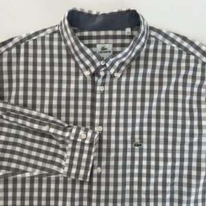 Lacoste Gingham Plaid Long Sleeve Button Down Shirt Mens Size 2XLT Gray White